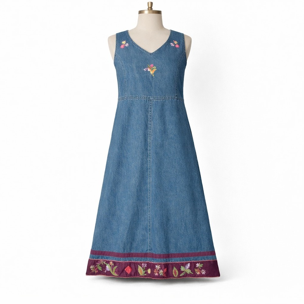VTG Agapo Womens L 90s Denim Maxi Dress Embroidered Blue Boho Floral Trim